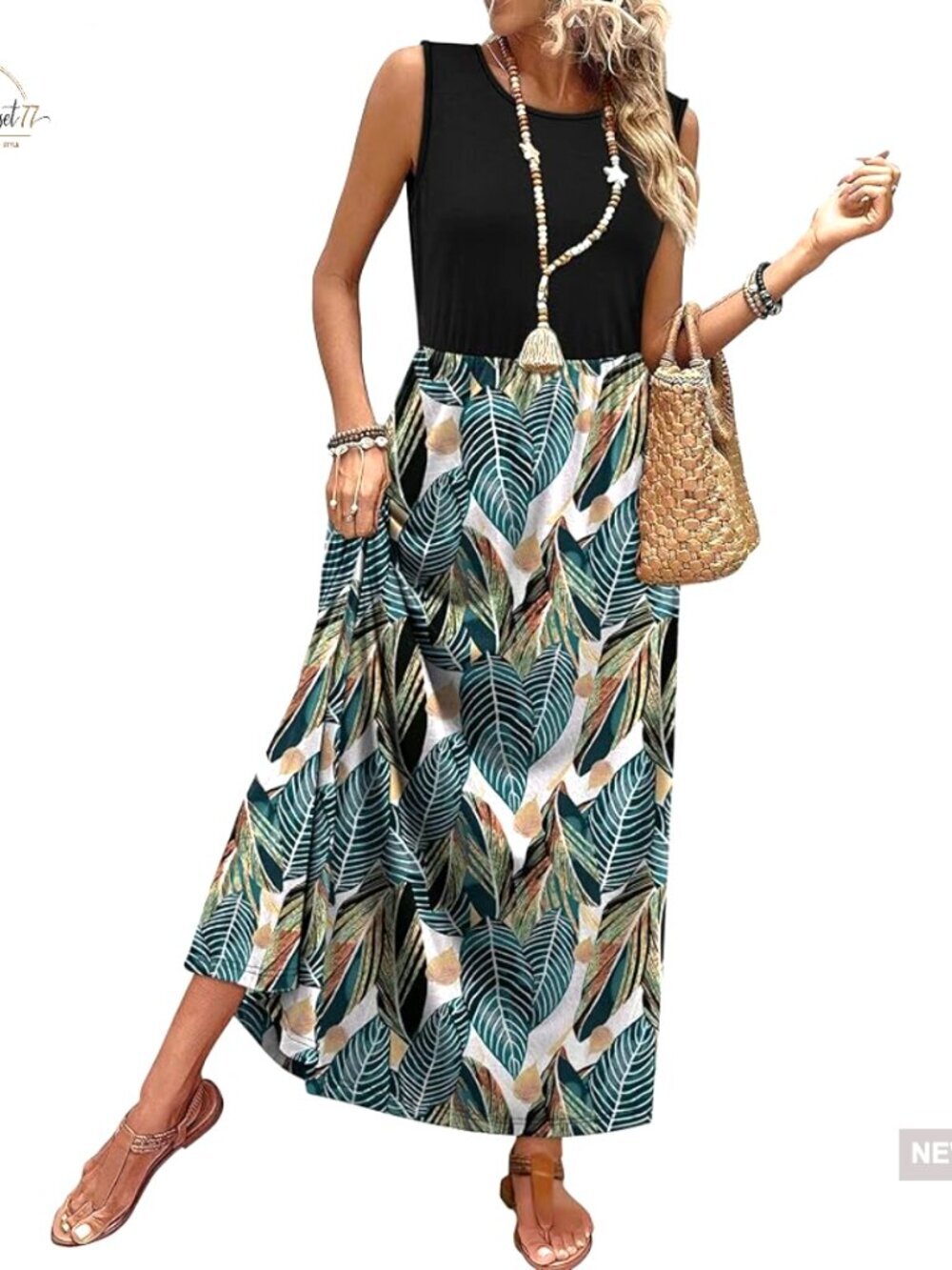 Maxi Dress with Pockets, Flowy A-Line, Sleeveless, Polyester Blend